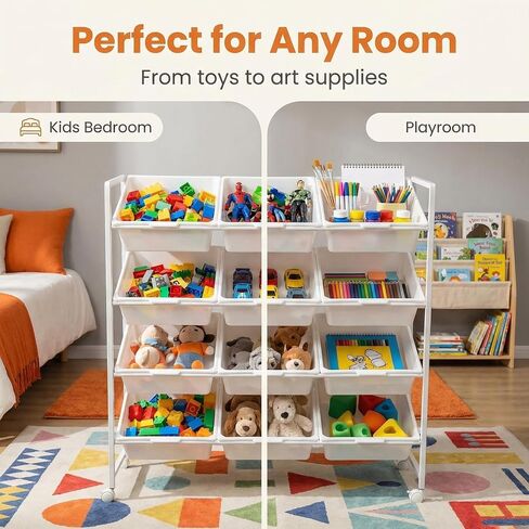 PureBox 4-Tier 3-Row Kids Toy Storage Organizer with 12 Rolling Plastic Bins, Mobile Utility Cart Bookshelf Cabinet for Playroom, Bedroom, and Classroom, Easy-Glide Bins for Quick Cleanup in Kuwait
