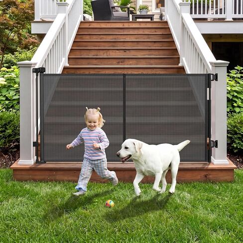 Weatherproof Outdoor Retractable Baby Gate with Rust-Proof Stainless Steel Hardware& Waterproof Mesh, 60" Wide Retractable Dog Gate with Support Rods to Prevent Crawling Through, Mesh Dog Gate Outdoor in Kuwait