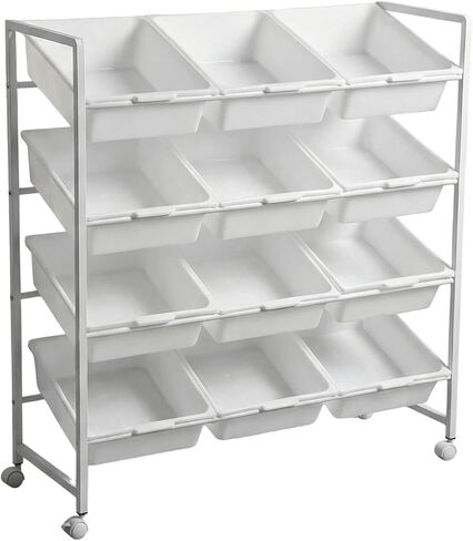 PureBox 4-Tier 3-Row Kids Toy Storage Organizer with 12 Rolling Plastic Bins, Mobile Utility Cart Bookshelf Cabinet for Playroom, Bedroom, and Classroom, Easy-Glide Bins for Quick Cleanup in Kuwait