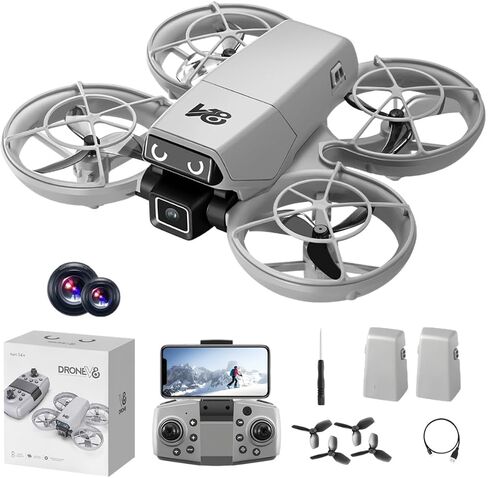 Mini RC Camera Quadcopter with Full Propeller Guards, 90° Adjustable Lens, Optical Flow Positioning, Obstacle Avoidance, Altitude Hold, 360° Flip, One Key Takeoff & Landing, Headless Mode, LED Eye Lights & Flashing Tail Lights, 2 Rechargeable Batteries, E in Kuwait