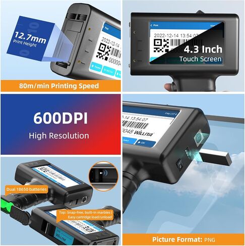 WILLITA Portable Handheld Inkjet Gun Style Printer 0.5 Inch Print Height with Fast Drying Ink Cartridge Mini Hand Printer for Text Date Time Barcode QR Code Batch Number Logo Image On Any Surface in Kuwait