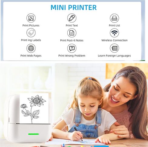 Mini Printer Thermal Sticker Printer with 11 Rolls Thermal Paper and Sticker for iOS&Android,Portable Bluetooth Pocket Printer for Study Notes, Pictures, DIY, Label in Kuwait