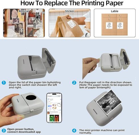 Mini Printer Thermal Sticker Printer with 11 Rolls Thermal Paper and Sticker for iOS&Android,Portable Bluetooth Pocket Printer for Study Notes, Pictures, DIY, Label in Kuwait