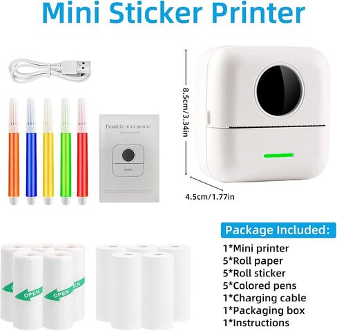 Mini Printer Thermal Sticker Printer with 11 Rolls Thermal Paper and Sticker for iOS&Android,Portable Bluetooth Pocket Printer for Study Notes, Pictures, DIY, Label in Kuwait