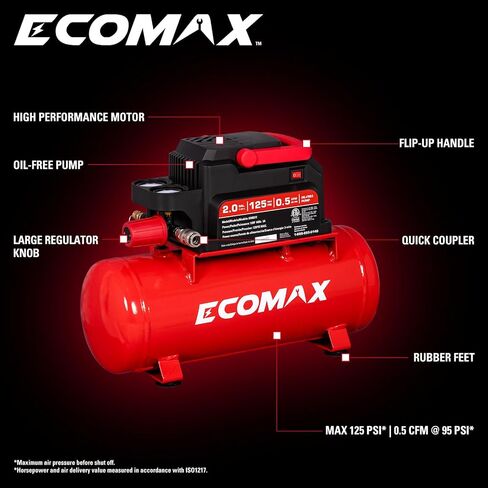 ECOMAX Air Compressor, 2 Gallon Portable Air Compressor 125 PSI Oil-Free Light Weight with 10 PCS Accessory Kit in Kuwait