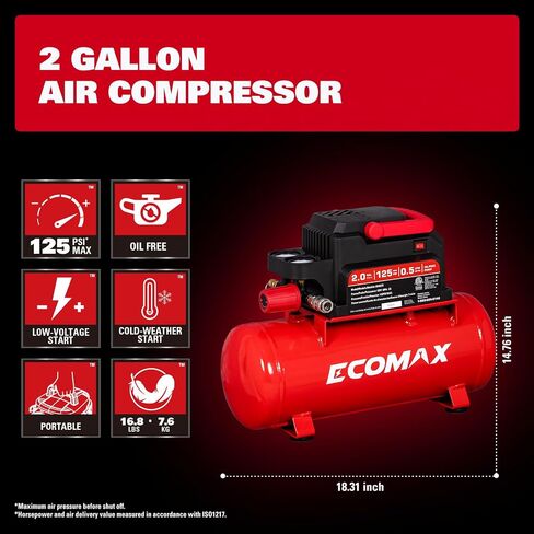 ECOMAX Air Compressor, 2 Gallon Portable Air Compressor 125 PSI Oil-Free Light Weight with 10 PCS Accessory Kit in Kuwait