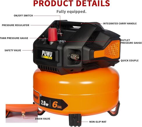 6-Gallon 2HP Oil-Free Air Compressor, 150 PSI, Portable Quiet Pancake Style with Dual Pressure Gauges, Safety Valve & Maintenance-Free Pump for Home, Garage & Workshop in Kuwait