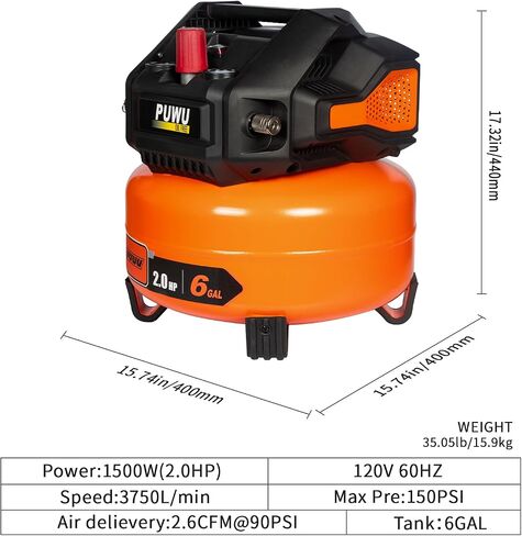 6-Gallon 2HP Oil-Free Air Compressor, 150 PSI, Portable Quiet Pancake Style with Dual Pressure Gauges, Safety Valve & Maintenance-Free Pump for Home, Garage & Workshop in Kuwait