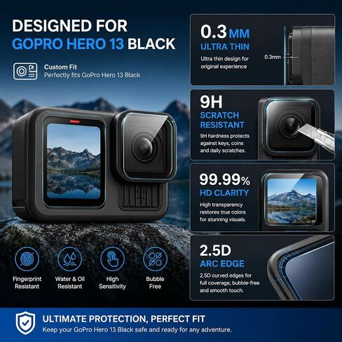 Screen Protector Compatible with GoPro Hero 13 Hero13 Black HD 9H Hardness | GoPro Hero 13 screen protector with 9H tempered glass[9 PCS], HD clarity, 2.5D edges, and 3-pack protection in Kuwait