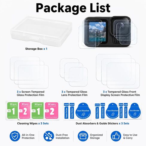 Screen Protector Compatible with GoPro Hero 13 Hero13 Black HD 9H Hardness | GoPro Hero 13 screen protector with 9H tempered glass[9 PCS], HD clarity, 2.5D edges, and 3-pack protection in Kuwait