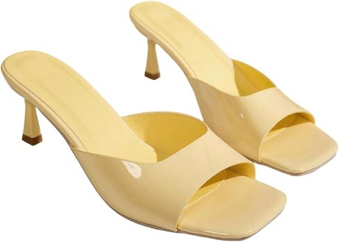 GORGLITTER Women's PU Leather Open Toe Heeled Sandals Slip on Kitten Heels | Square Toe Heels Sandals, Summer Going Out Slides, Yellow Kitten Heels, Slides in Kuwait