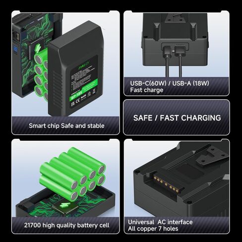 185Wh V Mount Battery 12500mAh V Lock Battery Support PD 60W Fast Charging with USB-C, D-TAP, USB-A, AC Output Port for Video Broadcast Camera Camcorder Monitor Video Light in Kuwait