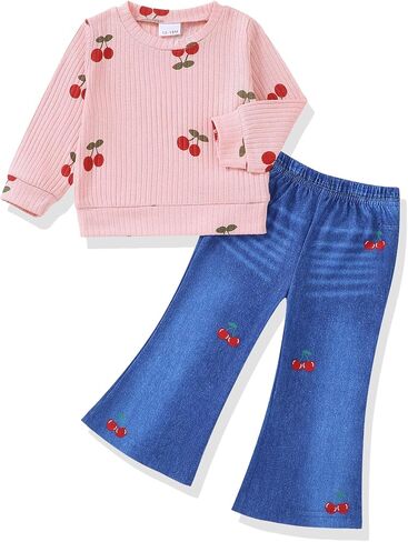 Renotemy Toddler Baby Girl Clothes Faux Denim Outfit Set Long Sleeve Sweatshirt Bell Bottom Jeans Fall Winter Clothes Gifts in Kuwait