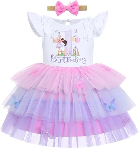 IBTOM CASTLE Baby Girl Fairy First Birthday Outfit Butterfly Toddler Dress | Baby Girl First Birthday Outfit Ruffle Fly Sleeve Tulle Tutu Princess Dress with Bowknot Headband for Cake Smash in Kuwait