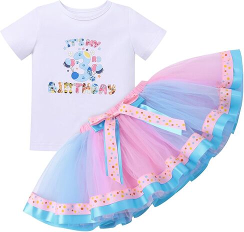 IBTOM CASTLE Toddler 3rd Birthday Girls Outfit T-Shirt Tutu Skirt Sets | Three Year Old Birthday T-Shirt Tutu Dress Set with Blue Dog Ears Clips,Third Birthday Outfits Girl for Smash Cake Photoshoot in Kuwait