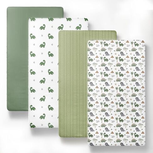The Peanutshell Dinosaur 4pk Fitted Crib Sheet Set - Soft Microfiber & Breathable Baby Crib Sheets Boy, Fits Standard Mattress 52x28, Infant & Toddler Bed Sheets in Kuwait