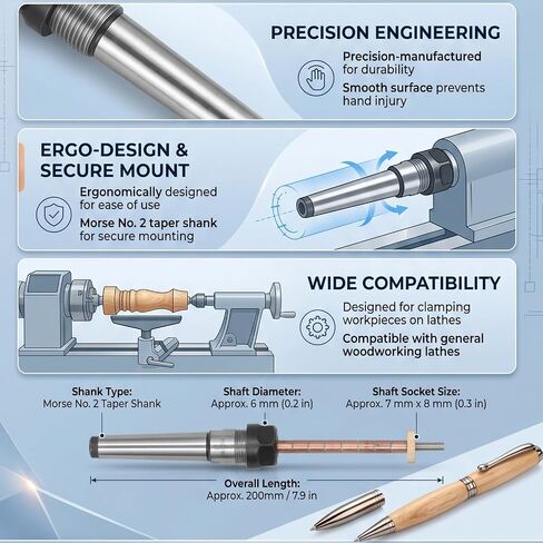 Woodturning Pen Mandrel, Stainless Steel Morse No 2 Taper Shank, with Smooth Surface for Woodworking Lathe Accessories in Kuwait