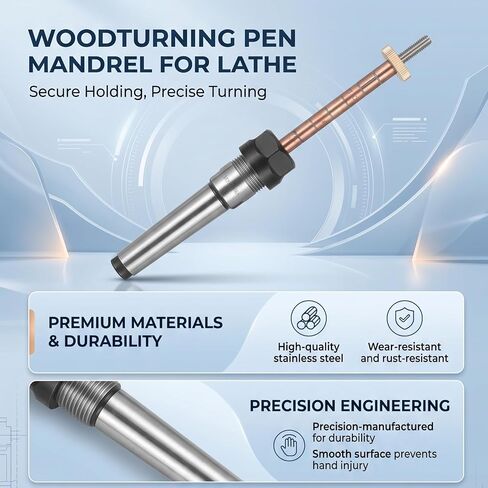 Woodturning Pen Mandrel, Stainless Steel Morse No 2 Taper Shank, with Smooth Surface for Woodworking Lathe Accessories in Kuwait