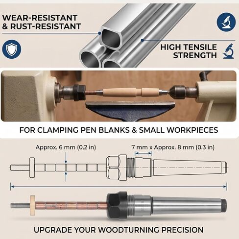 Woodturning Pen Mandrel, Stainless Steel Morse No 2 Taper Shank, with Smooth Surface for Woodworking Lathe Accessories in Kuwait