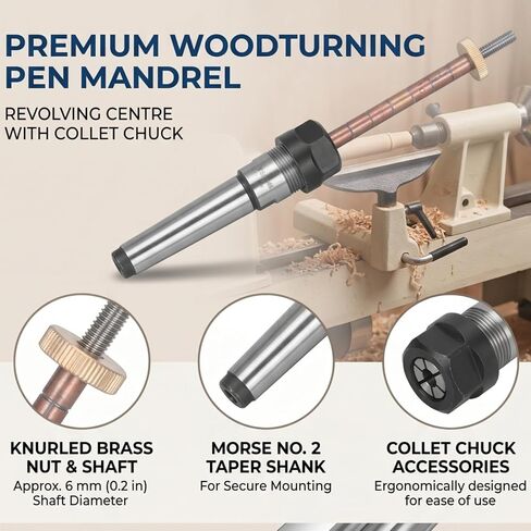 Woodturning Pen Mandrel, Stainless Steel Morse No 2 Taper Shank, with Smooth Surface for Woodworking Lathe Accessories in Kuwait