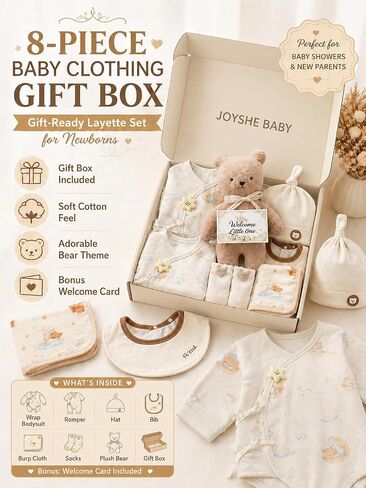 Newborn Baby Gift Set, 8-Piece Cotton Baby Clothes Gift Box for 0-3 Months and 3-6 Months, Baby Shower Welcome Gift in Kuwait