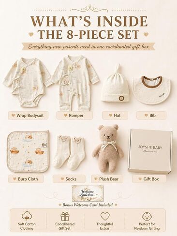 Newborn Baby Gift Set, 8-Piece Cotton Baby Clothes Gift Box for 0-3 Months and 3-6 Months, Baby Shower Welcome Gift in Kuwait