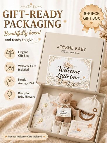 Newborn Baby Gift Set, 8-Piece Cotton Baby Clothes Gift Box for 0-3 Months and 3-6 Months, Baby Shower Welcome Gift in Kuwait