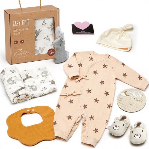 Golray Baby Gift Set for Newborn Boys & Girls, 8 Piece Basket with Cotton Wrap Footed Onesie, Muslin Swaddle Blanket, Bib, Hat, Baby Shoes, Plush Bunny, Milestone Card & Gift Box in Kuwait