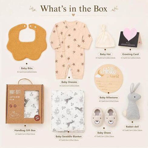 Golray Baby Gift Set for Newborn Boys & Girls, 8 Piece Basket with Cotton Wrap Footed Onesie, Muslin Swaddle Blanket, Bib, Hat, Baby Shoes, Plush Bunny, Milestone Card & Gift Box in Kuwait