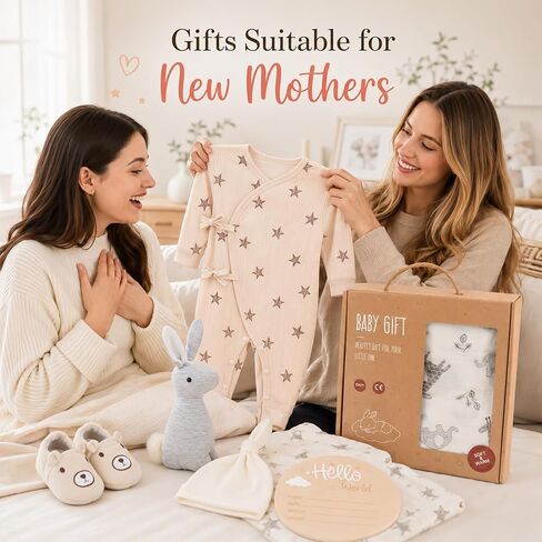 Golray Baby Gift Set for Newborn Boys & Girls, 8 Piece Basket with Cotton Wrap Footed Onesie, Muslin Swaddle Blanket, Bib, Hat, Baby Shoes, Plush Bunny, Milestone Card & Gift Box in Kuwait