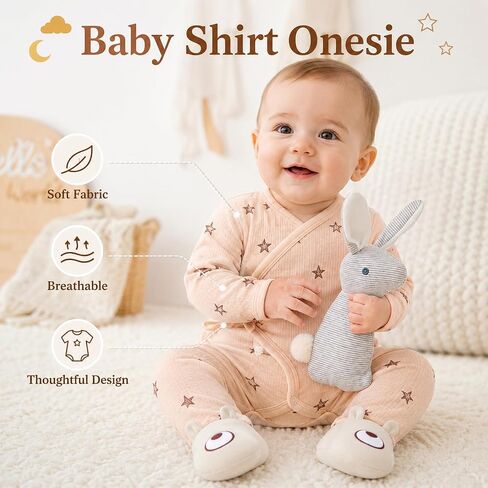 Golray Baby Gift Set for Newborn Boys & Girls, 8 Piece Basket with Cotton Wrap Footed Onesie, Muslin Swaddle Blanket, Bib, Hat, Baby Shoes, Plush Bunny, Milestone Card & Gift Box in Kuwait