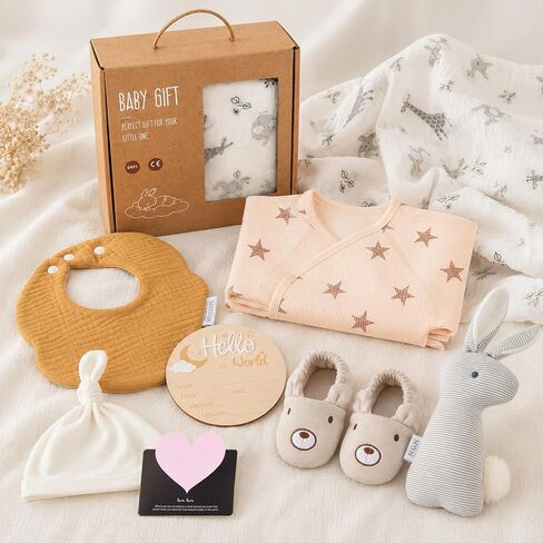 Golray Baby Gift Set for Newborn Boys & Girls, 8 Piece Basket with Cotton Wrap Footed Onesie, Muslin Swaddle Blanket, Bib, Hat, Baby Shoes, Plush Bunny, Milestone Card & Gift Box in Kuwait