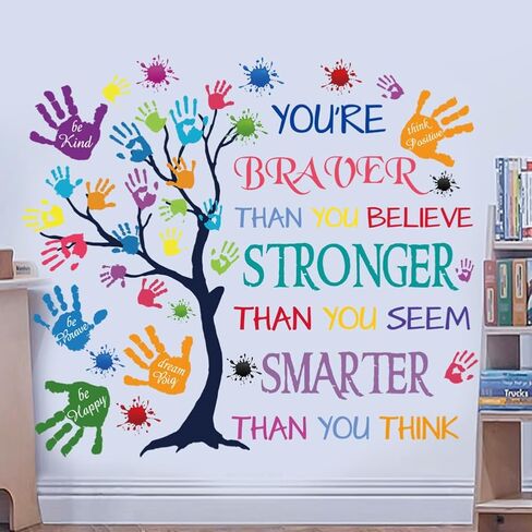 Colorful Inspirational Quote Wall Decal-You’re Braver Than You Believe, Stronger Than You Seem, Smarter Than You Think, Motivational Quote Phrases Wall Sticker Kids Room Nursery, Classroom Decor. in Kuwait