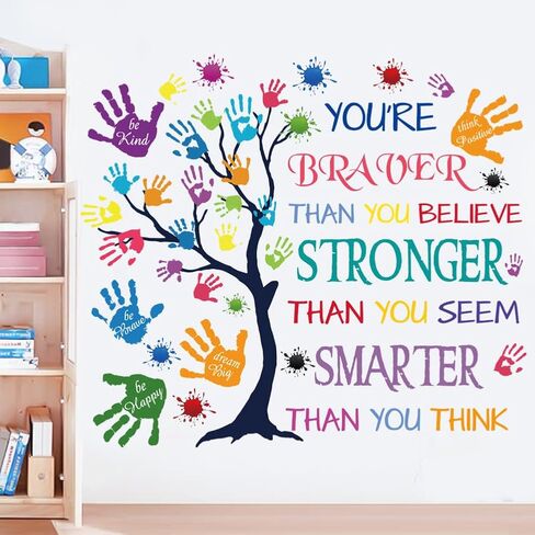 Colorful Inspirational Quote Wall Decal-You’re Braver Than You Believe, Stronger Than You Seem, Smarter Than You Think, Motivational Quote Phrases Wall Sticker Kids Room Nursery, Classroom Decor. in Kuwait