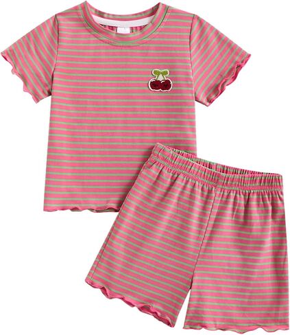 Toddler Baby Girl Summer Clothes Striped Lettuce Trim Short Sleeve T-Shirt & Shorts Girls Summer Outfits for 6M-4Y in Kuwait