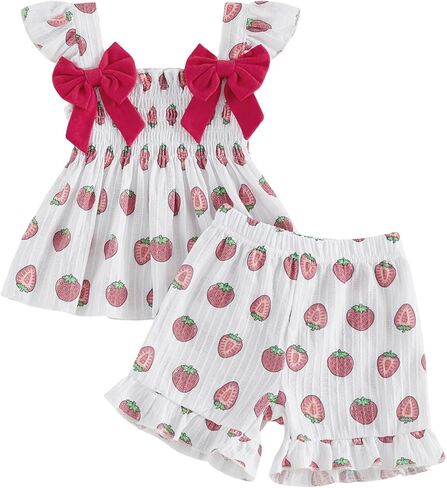 fyclemt Toddler Baby Girl Summer Clothes Bow Strawberry Embroidery Ruffle Sleeve Smocked Tank Plaid Shorts Set Summer Outfit in Kuwait