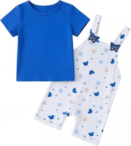 Rosibel Toddler Baby Girls Clothes 2PCS Butterfly Overalls Outfits 6M-3Y | Wrinkle-Free and Shape-Retaining,Stylish and Versatile,Summer Cute Short Sleeve Set. in Kuwait