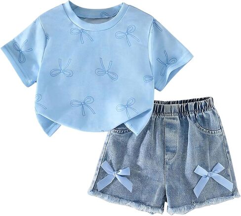 WDIRARA Toddler Girl's 2 Piece Outfits Bow Short Sleeve T Shirts Denim Jean Shorts Summer Clothing Set in Kuwait