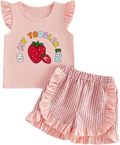 Baby Girl Summer Clothes Strawberry Cherry Toddler Birthday Outfit Bow Short Sleeve Shirt Tops Ruffle Shorts Set in Kuwait