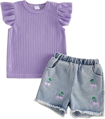FYBITBO Toddler Girl Clothes Summer Baby Waffle Knit Ruffle Sleeveless Shirts Tank Top Jeans Shorts Girls Outfit Set in Kuwait