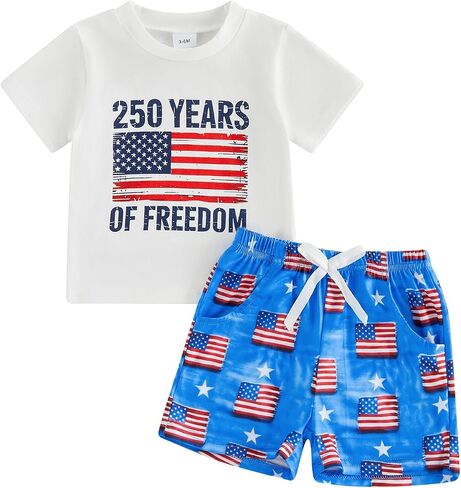 FIOMVA 4th of July Outfit Toddler Baby Boy Girl 250 Years America Anniversary 250th Independence Day T-Shirt Shorts Set in Kuwait