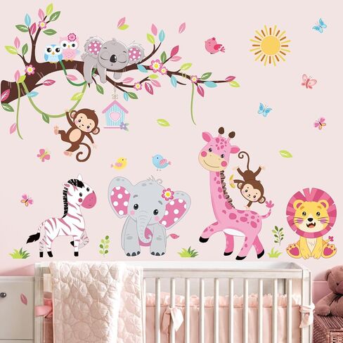 wondever Pink Animal Tree Branch Wall Decals Forest Elephant Lion Giraffe Wall Art Stickers for Girls Room Baby Nursery Kids Bedroom in Saudi Arabia
