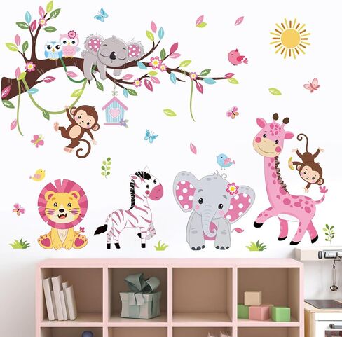 wondever Pink Animal Tree Branch Wall Decals Forest Elephant Lion Giraffe Wall Art Stickers for Girls Room Baby Nursery Kids Bedroom in Saudi Arabia