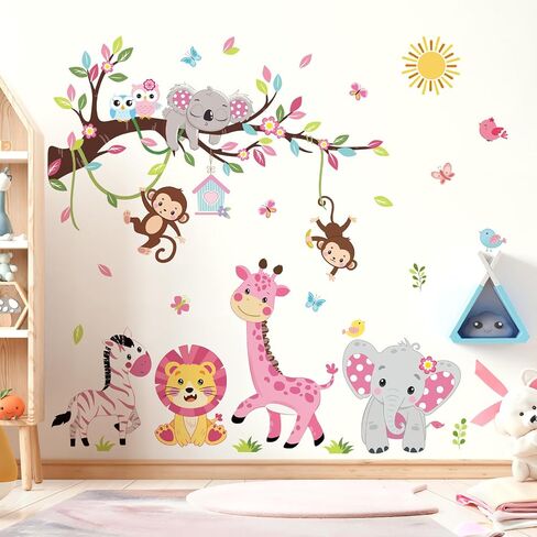 wondever Pink Animal Tree Branch Wall Decals Forest Elephant Lion Giraffe Wall Art Stickers for Girls Room Baby Nursery Kids Bedroom in Saudi Arabia