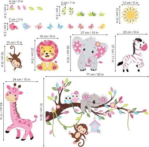 wondever Pink Animal Tree Branch Wall Decals Forest Elephant Lion Giraffe Wall Art Stickers for Girls Room Baby Nursery Kids Bedroom in Saudi Arabia