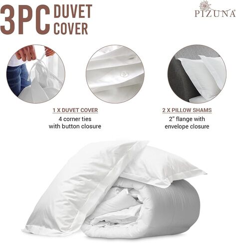 Pizuna 100% Cotton King Duvet Cover Set 400 Thread Count White | Long Staple Combed Cotton Sateen Weave 3 Piece Luxurious Cool King Comforter Cover with Hidden Button Closure in Kuwait