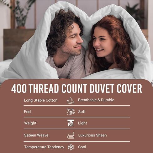 Pizuna 100% Cotton King Duvet Cover Set 400 Thread Count White | Long Staple Combed Cotton Sateen Weave 3 Piece Luxurious Cool King Comforter Cover with Hidden Button Closure in Kuwait