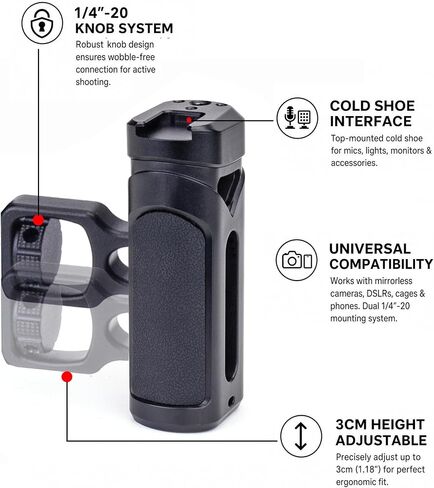 Zeadio Adjustable Camera Side Handle with 1/4"-20 Knob & Cold Shoe Mount for Mirrorless DSLR Cameras Phone Stand, for Recording, Vlog Tripod, Phone Vlogging Kit, Travel Tripod etc (Pack of 1) in Kuwait