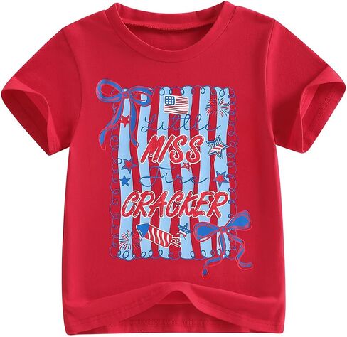 Kids Toddler Girls 4th of July Shirt Little Miss Firecracker Coquette Bow American Flag Patriotic T-Shirt Top in Kuwait