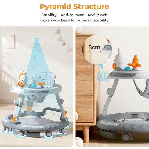 Baby Walker with Wheels - Foldable Baby Walker,4-in-1 Baby Walkers for Boys and Girls 6-12 Months, Infant Walker with Adjustable Height, Baby Activity Walker with Toys, Music, Lights, Anti-Rollover in Kuwait